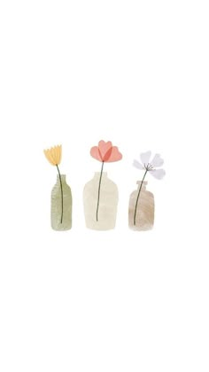 three small vases with flowers in them on a white background and one is empty