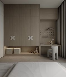 a white bed sitting in a bedroom next to a wall mounted shelf filled with boxes