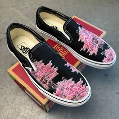 Cherry Blossom Vans. Custom Black Slip On Shoes.We source each pair of blank shoes brand new directly from Vans. The ink is permanent and will never come off. Made in the USA. This price includes everything: shoes, artwork, and shipping. Please message us with any questions!Sizes listed are in US sizing scale. If you have any issues with your order, please feel free to reach out to us and we will be more than glad to help you! Note: Blvd Custom is in no way affiliated with any of the shoe brands Shoes Artwork, Vans Custom, Slip On Vans, Halloween Shoes, Nike Converse, Skater Shoes, Black Slip On Shoes