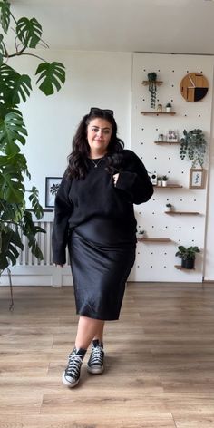 all black outfit black satin midi skirt converse black jumper #SpringChallenge Black Midi Skirt Winter, Black Satin Skirt Outfit, Midi Skirt Outfit Winter, Black Satin Midi Skirt, Midi Skirt Winter, Satin Outfit, Black Satin Skirt, Satin Skirt Outfit, Midi Skirt Casual