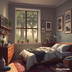 a bedroom scene with focus on the bed and dresser in the foreground, there is a window to the forest outside