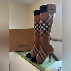 Stunningburberry Knitted Sock Boots. Never Go Out Of Style With These Ever Classic Burberry Knitted Sock Boots. Absolutely Style, Luxury, And Over All- Comfort. Nwt. Never Worn Original Box And Dust Bag Designer Fitted Beige Boots, Burberry Heels, Burberry Boots, Winter Fit, Sock Boots, Burberry Shoes, Cute Heels, Shoe Show, Fit Inspo