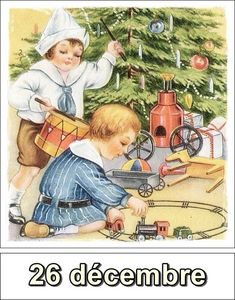 two children playing with toys in front of a christmas tree