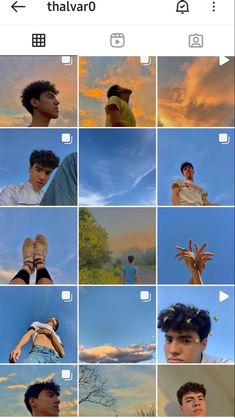 many different pictures of people with their hands up in the air and clouds above them