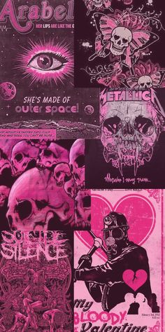 various posters with skulls and hearts on them