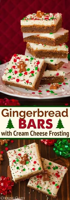 gingerbread bars with cream cheese frosting are stacked on top of each other and decorated with christmas decorations