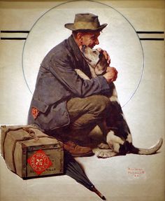 a painting of a man sitting on the ground with his dog and suitcase next to him