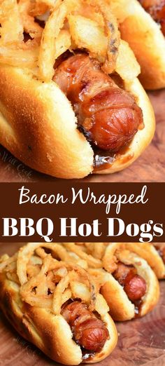 bacon wrapped bbq hot dogs with onion rings