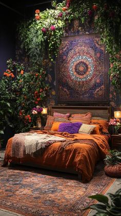 23 Whimsical Moody Boho Bedroom Ideas To Copy Jewel Tone Rooms Bedrooms, Jeweled Tone Bedroom, Jewel Tone Bohemian Bedroom, Bedrooms With Teal Bedding, Vintage Teal Bedroom, Deep Purple Bedroom Walls, Deep Jewel Tone Bedroom, Jewel Colored Bedroom, Jewel Toned Bedroom Decor Bohemian