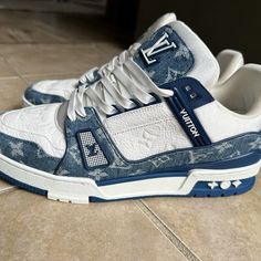 Louis Vuitton Trainer Lv8/Us9-9.5 Denim Rare!!! Hard To Find! Great Condition.. A Brand New Box. Never Worn Or Tried, Taken Out Of The Box Just For Photo Purposes. 100% Genuine Guaranteed. The Package Will Be Sent Out As Soon As Possible Lv Sneakers For Men, Lv Trainer Sneaker Outfits, Men Mood Board, Lv Shoes For Men, Louis Vuitton Zapatos, Nice Shoes For Men, Nike Blazer Black, Zapatillas Louis Vuitton, Dhgate Finds