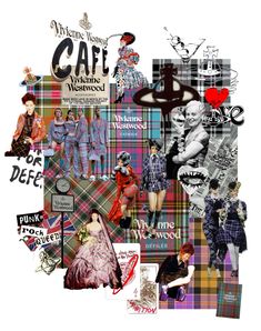 the collage is made up of many different pictures and words, including women's clothing