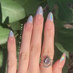 Ready to sparkle your way around town? These reusable press-on nails won't let you down! With holographic chrome as frenchies you'll be sure to turn heads and everyone will want to know where you got your nails done! Fully customizable with different shapes and lengths!  Looking for a specific style you can't find on my shop? Send me a message and let me know what you're looking for and I can make you a custom set! Need help figuring out your nail sizes? Follow the measuring instructions in the Deer Nails, Chrome French, Gradation Nails, Uñas Ideas, Nails Acrylic Coffin, New Years Eve Nails, Nail Looks, Nails Silver, Style Nails