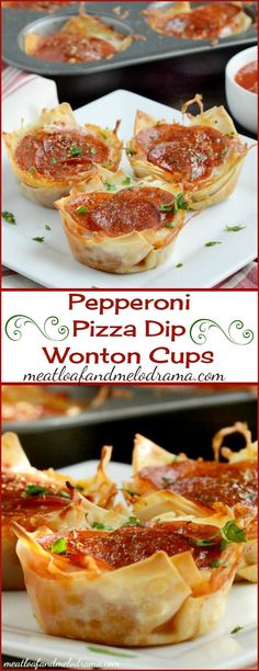 pepperoni pizza dip wonton cups on a plate