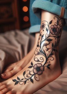 Embrace elegance with a single, climbing vine tattoo that snakes gracefully up your foot. This delicate design symbolizes growth and reaching new heights. Feminine Calf Tattoo, Feet And Ankle Tattoos, Ankle Tattoo Ideas For Women, Foot Tattoos For Women Unique, Vine Tattoos For Women, Growth Tattoo Ideas, Vine Tattoo, Vine Foot Tattoos