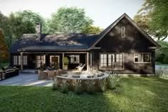 this is an artist's rendering of a small cabin style home with a fountain