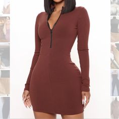 Snatched Ribbed Long Sleeve Mini Dress From Fashion Nova In Chestnut With Black Zipper Detail On Front. Size Medium, Fits More Like A Small In My Opinion. Very Stretchy But Thick Material. Brand New With Tags. Sweater Midi Dress, Brown Mini Dress, Dress High Neck, Fashion Nova Outfits, Ribbed Mini Dress, Sweater Dress Midi, Yellow Fashion, Womens Loungewear, Long Sleeve Midi Dress