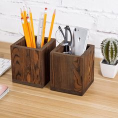 Set of 2, Natural Wood Desktop Pen & Pencil Holder Cups, Brown Office Supplies Organizer-MyGift Wood Pen Holder, Pencil Holders For Desk, Wooden Office, Stylish Pens, Pen Pencil Holder, Brown Desk, Small Notepad, Pencil Organizer, Desk Organizer Set