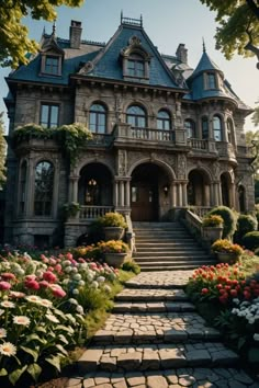 a large house with many windows and lots of flowers