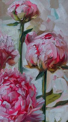 two pink peonies are shown in this oil painting