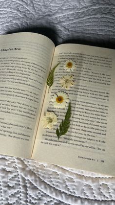 an open book with white flowers on it