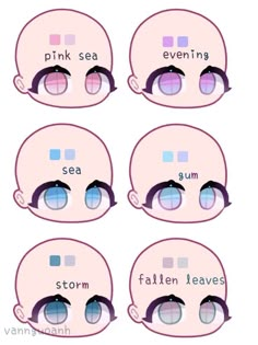 four different types of eyes with the words pink sea, evening and autumn written on them