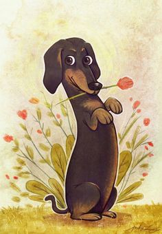 a painting of a dachshund holding a flower in it's mouth