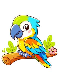 a colorful parrot sitting on top of a tree branch with leaves and flowers around it