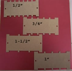 three pieces of paper with measurements for each piece on them, and the number 1 / 2 / 4