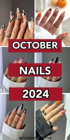 October Nails Simple, Simple October Nails, Cute October Nails, October Nail Designs, Disney Halloween Nails, Spooky Halloween Nails, Halloween Nail Colors, Fall Almond Nails, Nails October