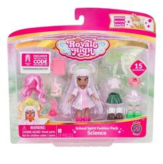 a toy set with a doll and accessories in the package, including a pink dress