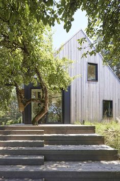 stairs lead up to the front door of this modern house