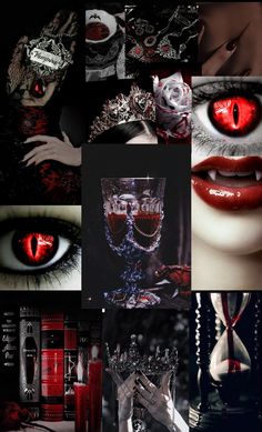 a collage of photos with red eyes and makeup