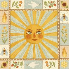 the sun is surrounded by bees, flowers and other things that are painted on it