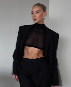 Elegant Black Satin Set, Fitted Black Satin Set, Luxury Modern Black Cropped Jacket, Luxury Sleek Black Cropped Jacket, Edgy Black Leather Cropped Jacket, Blonde Aesthetic, Street Style Chic, Minimalist Outfit, Street Style Outfit