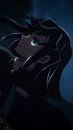 an anime character with long black hair and green eyes looking to the side in front of a dark background