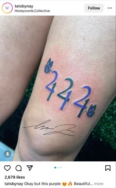 a person's legs with numbers and butterflies on them