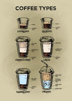 coffee types are shown in different cups with the names below them and labeled on each side