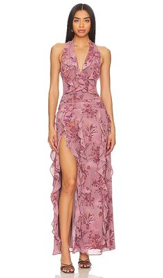 Find NBD Divya Maxi Dress In Mauve on Editorialist. NBD Divya Maxi Dress in Mauve. - size L (also in M, XL) NBD Divya Maxi Dress in Mauve. - size L (also in M, XL) So beautiful and effortlessly femme, the NBD Divya Maxi Dress in Mauve Floral is featured in a timeless A-line silhouette and halter style with a floral print design and dangling ruffled trims. This maxi can be paired with sleek kitten heels or chunky boots for any occasion.. 100% polyester. Made in China. Hand wash. Fully lined. Hidd Halter Ruffle Dress, Dress Code Wedding, Gown Inspiration, Her Closet, Floral Print Design, Mauve Dress, Red Dress Maxi, Summer Inspo, Life Of The Party