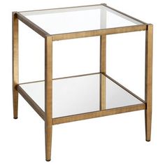 a glass and metal end table with one shelf on the bottom, two shelves below