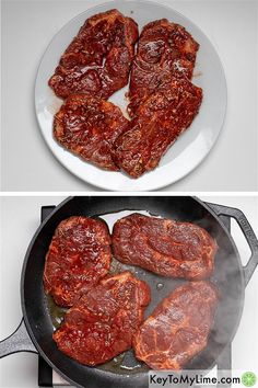 there are two pictures of meat cooking in the same pan