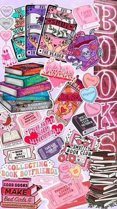 a bunch of stickers that are on the side of a book shelf and some books