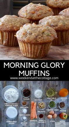 muffins with different toppings are shown in this collage