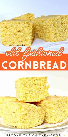 old fashioned cornbread on a plate with text overlay