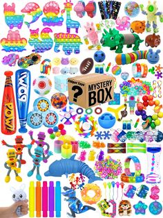 a box filled with lots of different toys