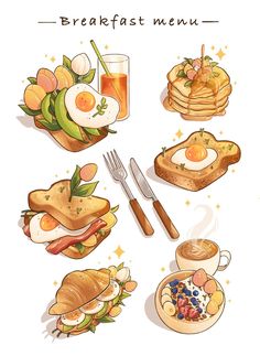 an illustration of breakfast menu with toast, eggs, coffee, fruit and juice on white background