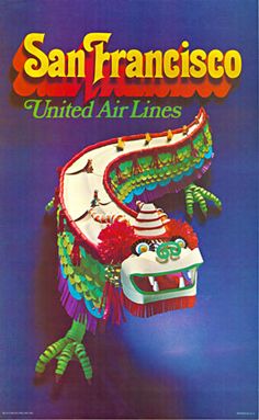 an advertisement for san francisco united air lines with a dragon on it's head