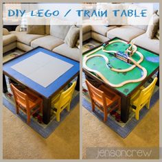 the table is made out of legos and has a train set on top of it