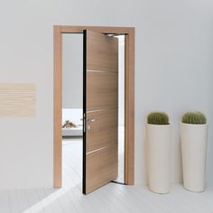 an open door with two white vases next to it and a cactus on the floor