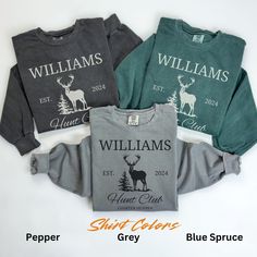 Order each shirt separately. These personalized deer hunting club sweatshirts with custom Name and Date makes a great family hunting group shirts, deer hunter gift for him, group deer hunting camp shirt, deer hunter t-shirt, hunting gift, Fathers Day gift for dad, family group Christmas shirts, hunting supplies, hunting accessories, gift for hunter, husband, boyfriend, grandpa, or self! PRODUCT DETAILS AND SIZING *Comfort Colors soft-washed, garment-dyed t-shirt.  *100% ring-spun cotton *Relaxed Hunting Gifts For Boyfriend, Group Christmas Shirts, Hunting Club, Hunting Supplies, Hunting Camp, Deer Hunter, Hunt Club, Elk Hunting, Deer Hunters