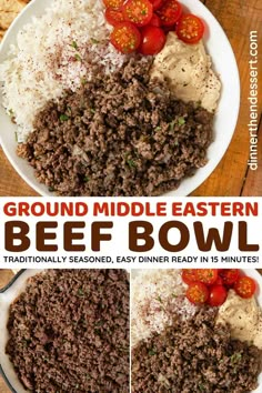 ground beef and rice in a bowl with tomatoes on top